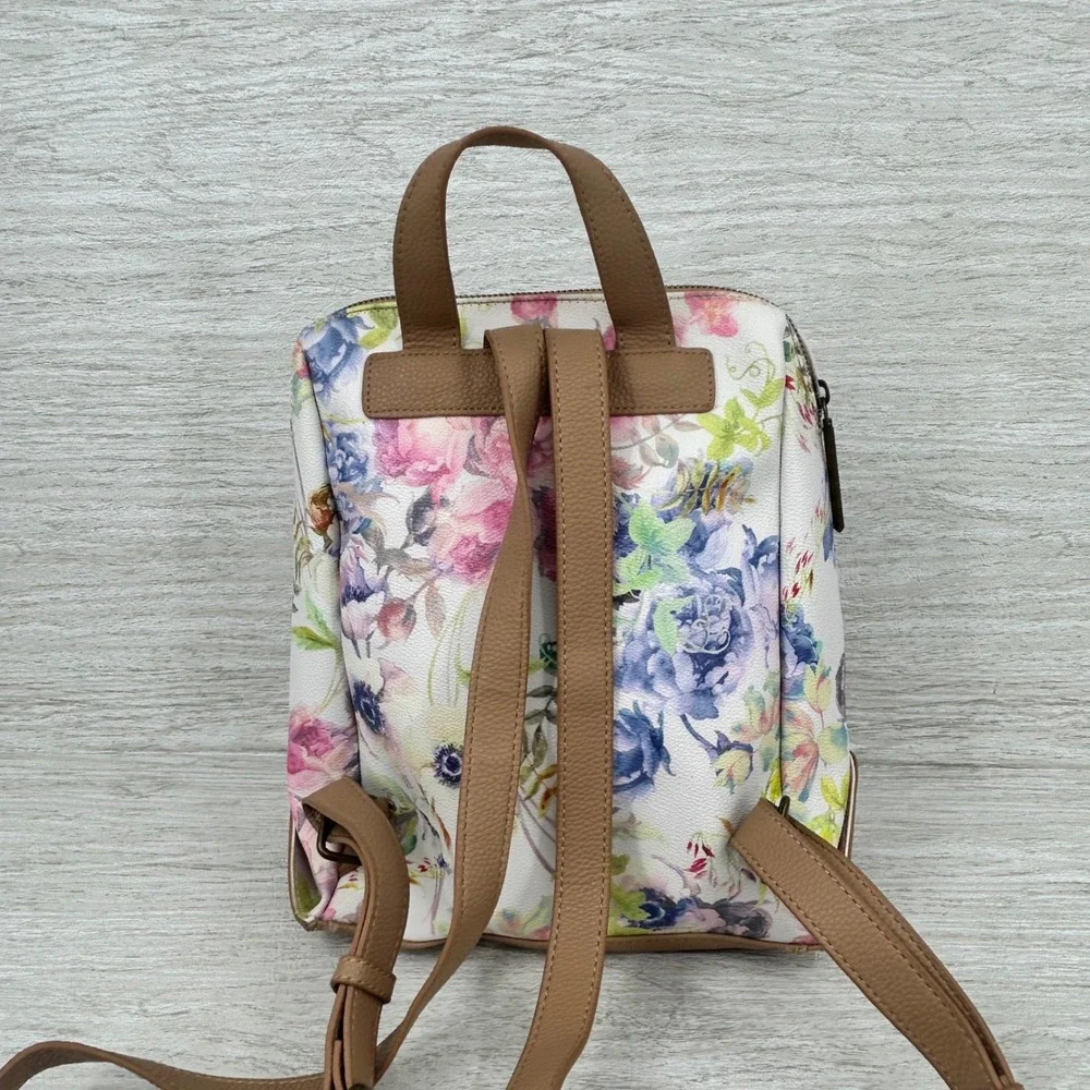 Elliott Lucca Floral Print Backpack White Pink Purple Faux Leather Mini Bag